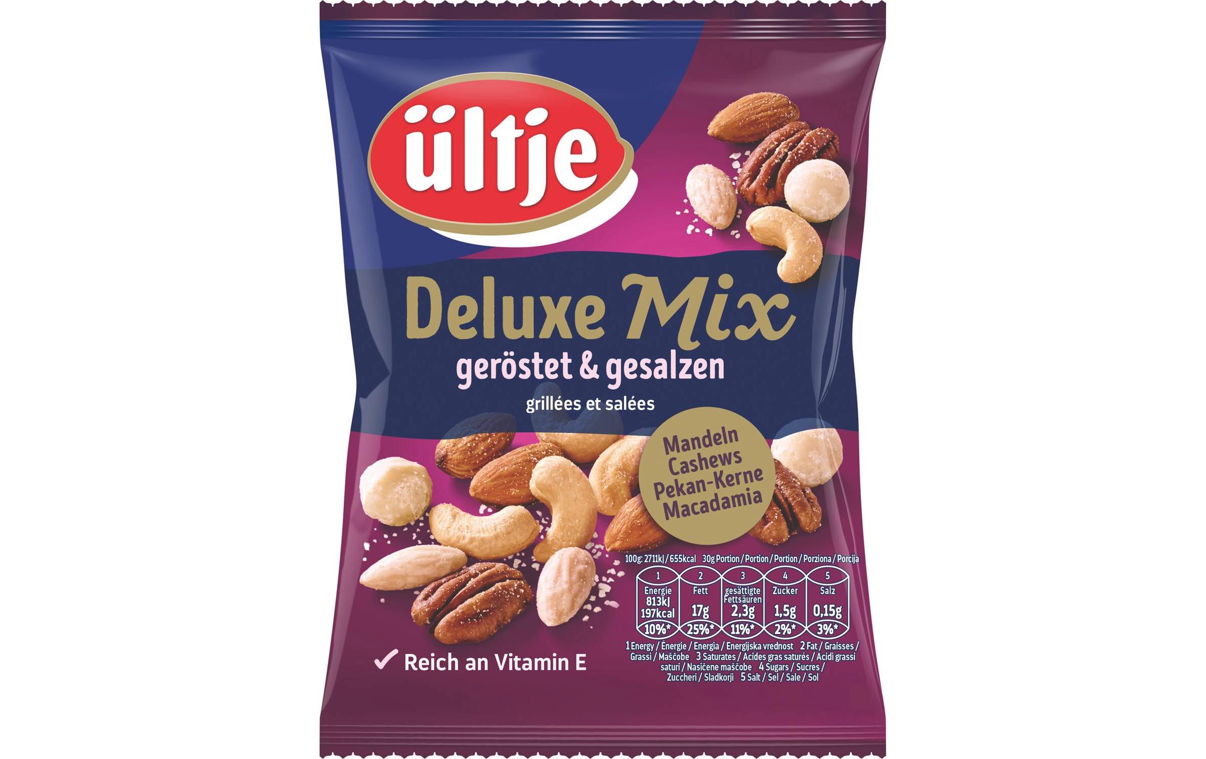 Nüsse Deluxe-Mix 150 gMischung aus Mandeln, Cashews, Pekankernen und Macadamianüsse