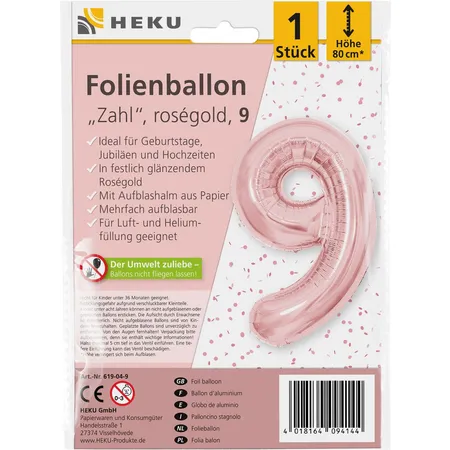HEKU Folienballon Zahl 9, roségold, mit Aufblashalm, Höhe 80cm