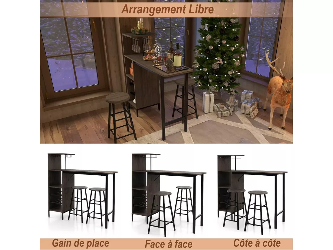 Table Haute avec Tabouret, avec Porte-Verre Porte-Bouteilles, Table de Bar avec Tabouret 2 Personnes Compact, Brun Rustique