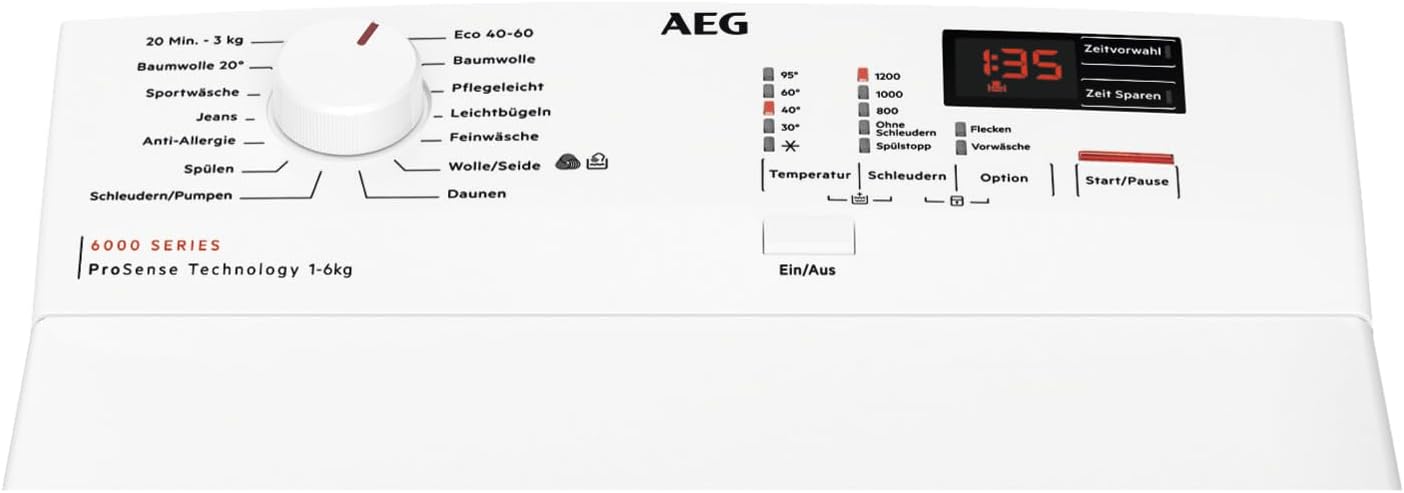 AEG Waschmaschine Toplader, 40 cm, 6 kg, Serie 6000 ProSense - Mengenautomatik - Smarte Beladungserkennung, EEK B, Nachlegefunktion, Wasserschutzalarm, Inverter Motor, 1200 U/min, LTR6A41260