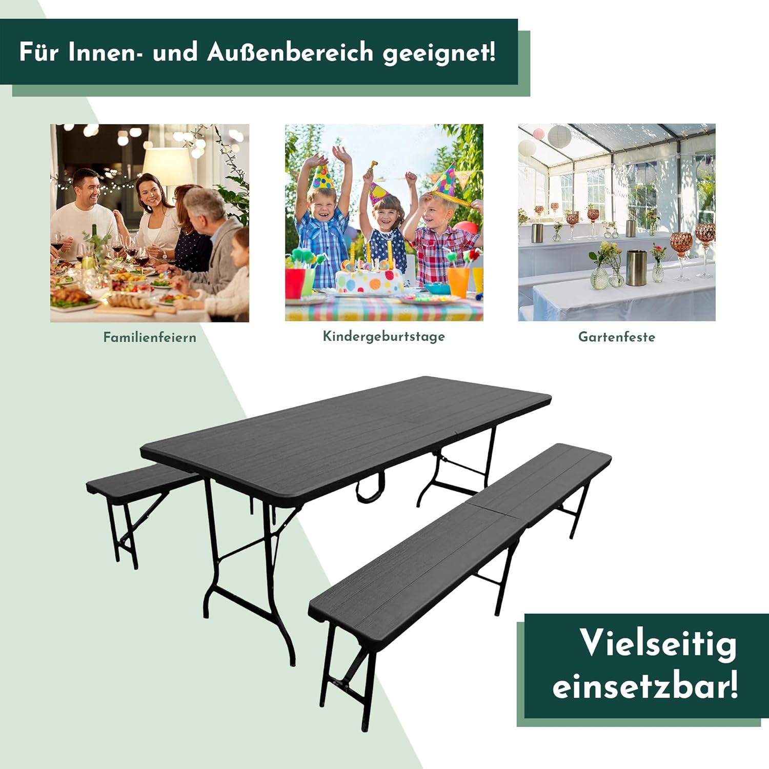 Lemodo Sitzgruppe bestehend aus Tisch und 2 Bänke Bierzeltgarnitur klappbar, 3-teilige Biertischgarnitur, einfach zu transportierende Bierbankgarnitur, Gartengarnitur