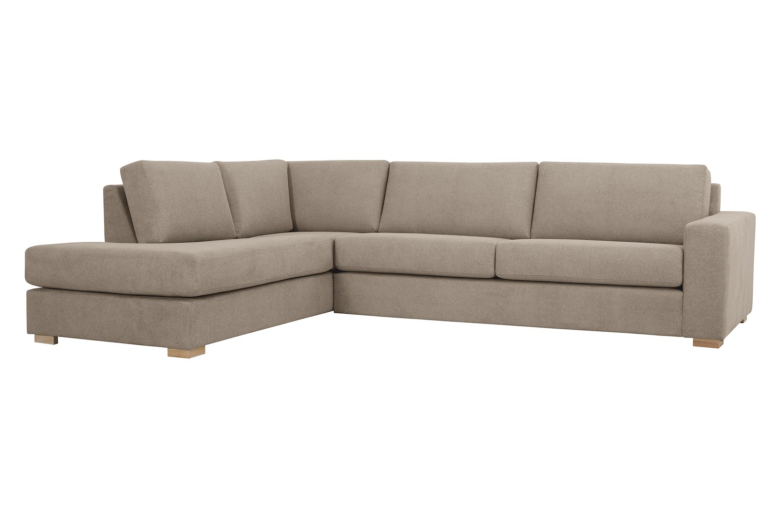 Modern Living hjørnesofa 3-seter med åpen ende venstre i tekstil Brooklyn 14 Latte med arm A og ben 1 hvitvasket eik. Faste puter