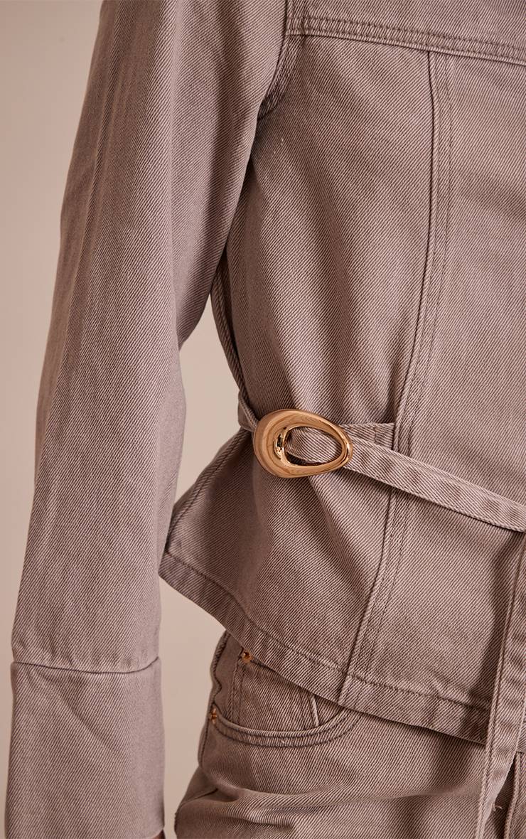 Gris Pierre Veste En Jean Courte Ceinturée À Patte De Boutonnage Dissimulée