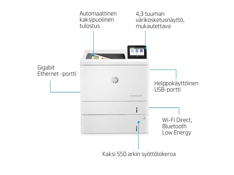 HP Color LaserJet Enterprise M555x - Printer - farve - Duplex - laser - A4/Legal - 1200 x 1200 dpi - op til 38 spm (mono) / op til 38 spm (farve) - kapacitet: 650 ark - USB 2.0, Gigabit LAN, Wi-Fi(n), USB 2.0 vært