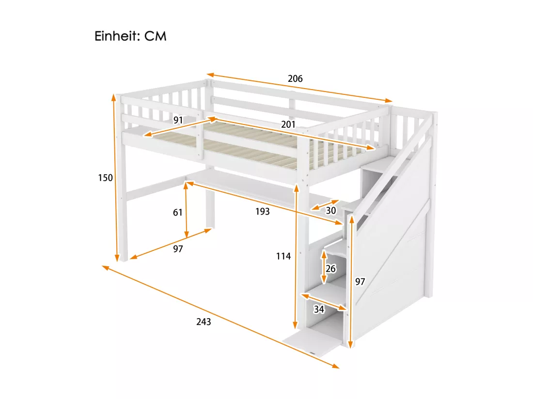 Lit mezzanine 90 x 200 cm avec bureau et 4 tiroirs - bois de pin + MDF - sommier à lattes - blanc