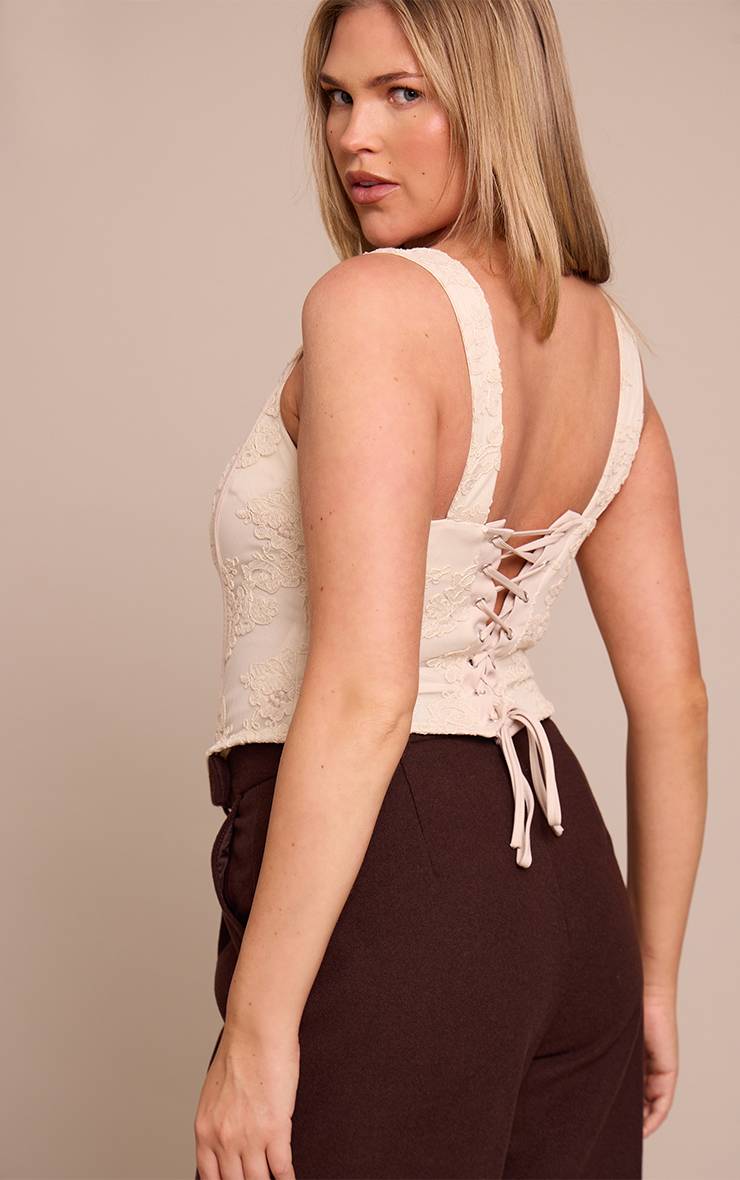 Crème Haut Corset Shape À Lacets Au Dos Avec Dentelle Florale Texturée