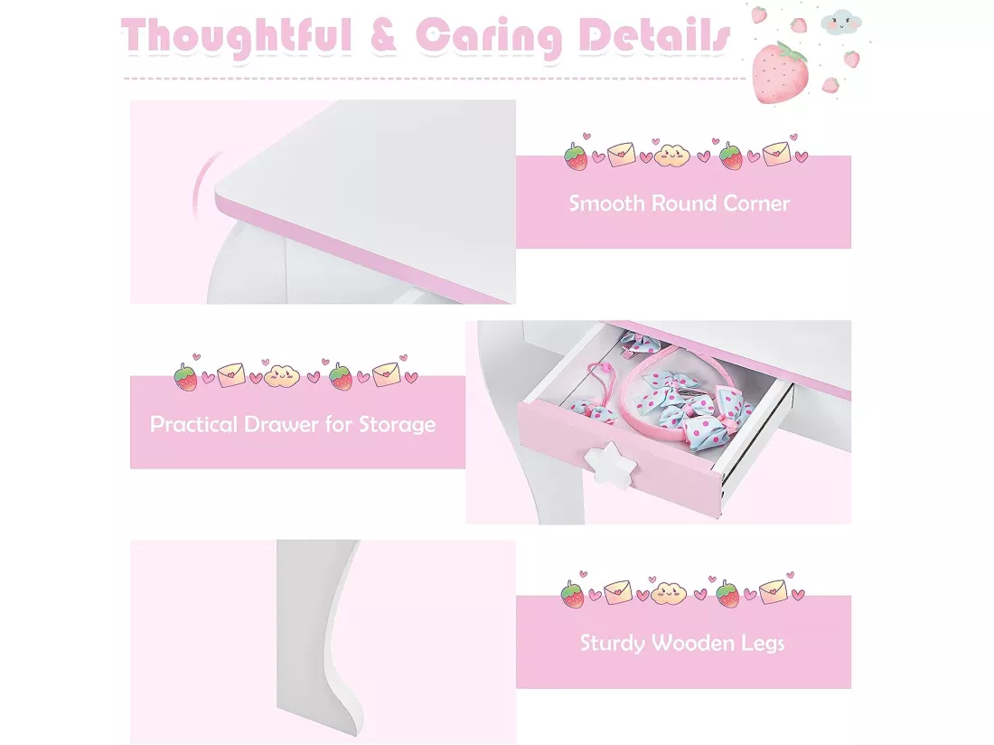 Coiffeuse pour enfant table de maquillage avec tabouret, 1 tiroir de rangement style princesse
