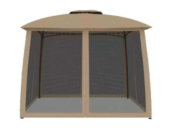 Tonnelle avec double toit et parois en filet taupe acier