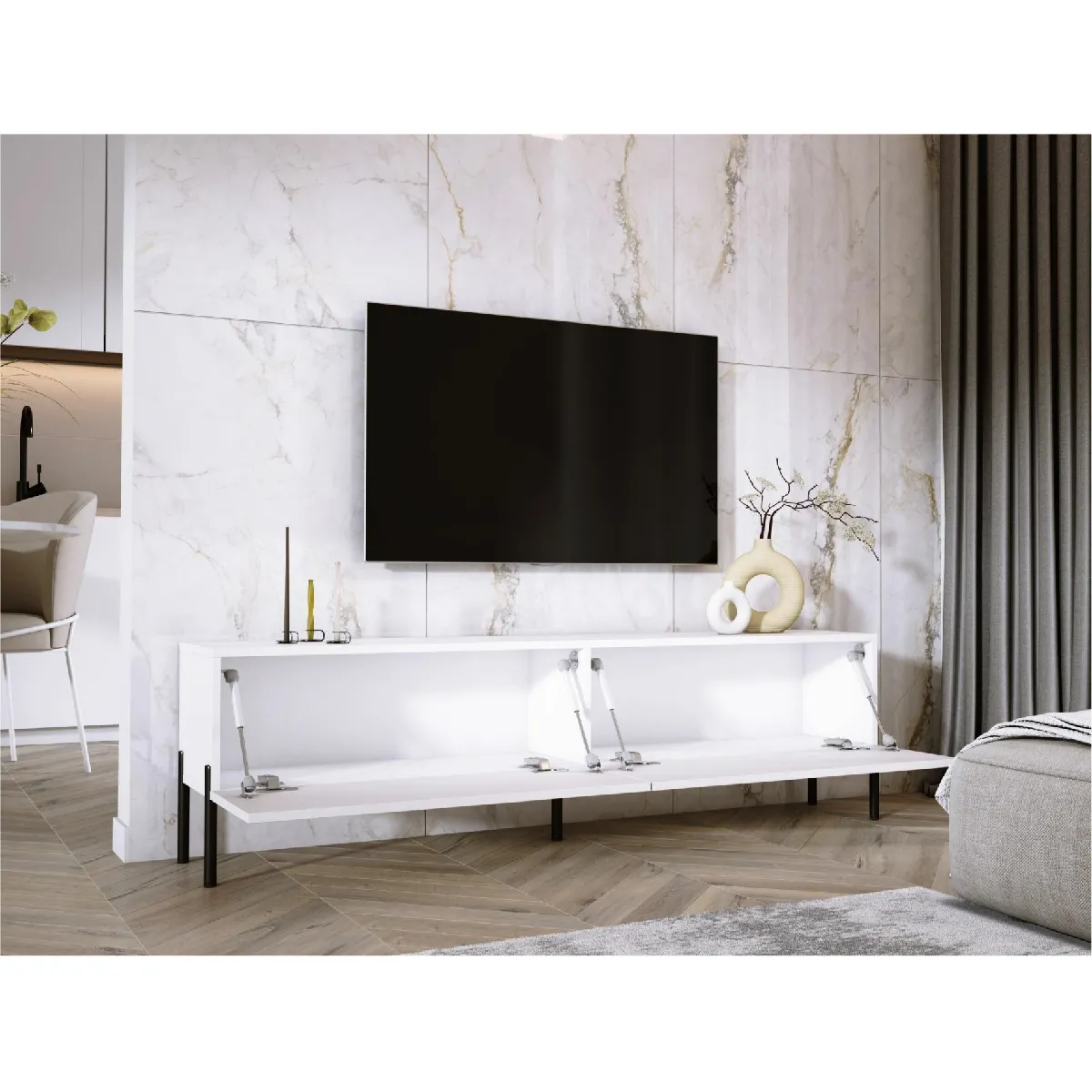 3xeliving Meuble TV - Blanc mat/brillant, 170 cm