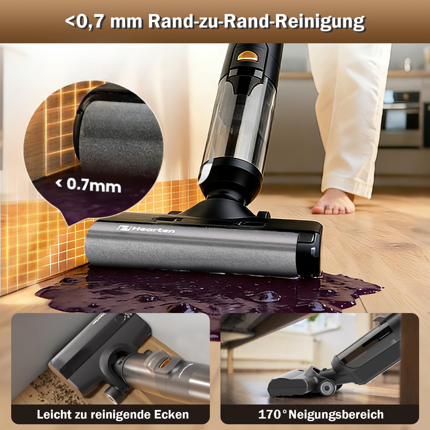 Hearten Nass Trockensauger, Selbstreinigung, Staubsauger mit Wischfunktion, Kantenreinigungsbürste, Für Hartböden, Tierhaare, Intelligente Schmutzerkennung, Sprachansagen.