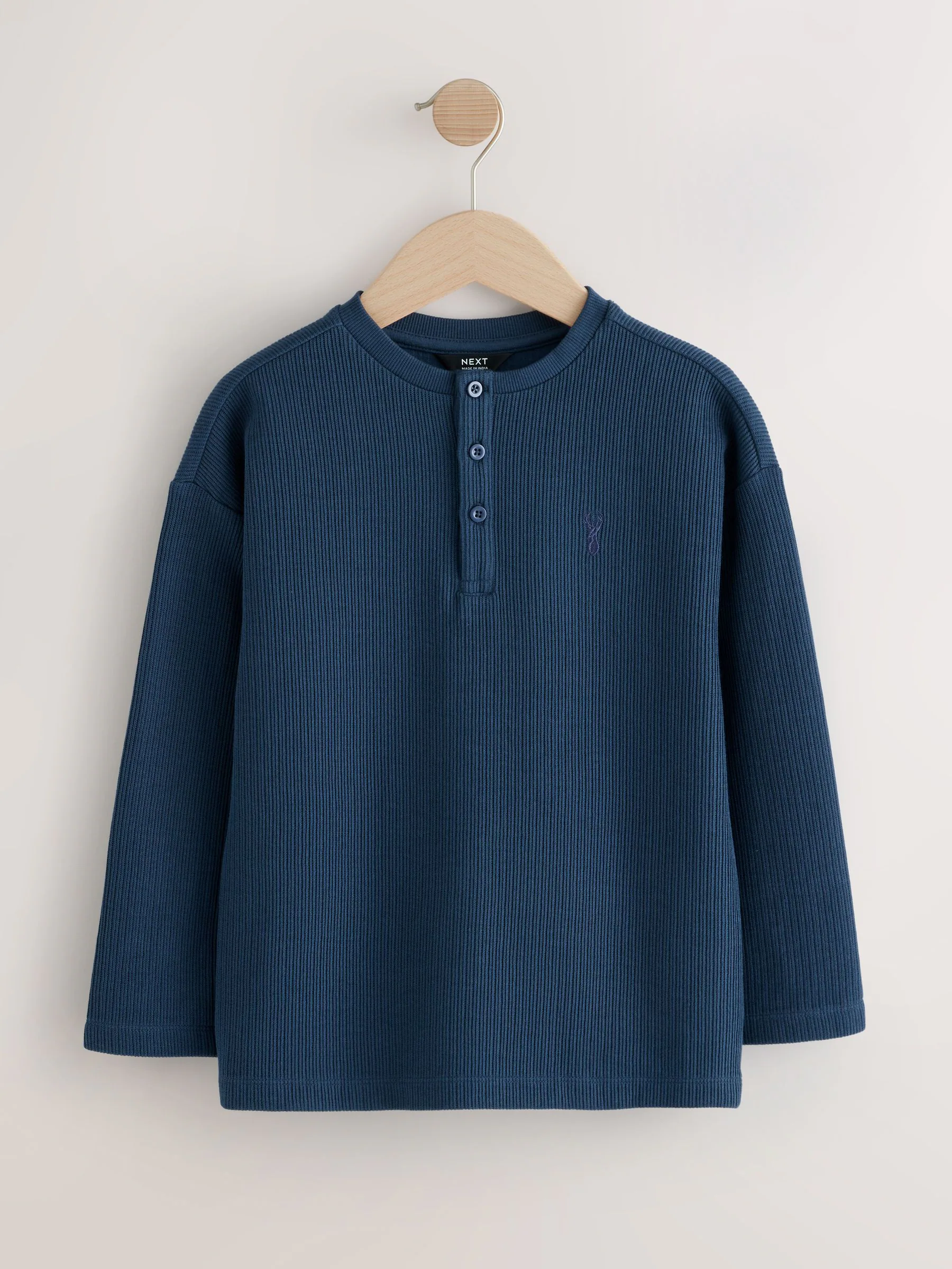 Blauw - Textured Long Sleeve Henley Neck T-Shirt (3-16yrs)
