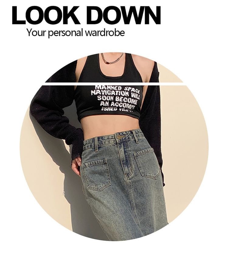Denimot - Midi-rok met hoge taille en gewassen zoom en zeemeerminmotief