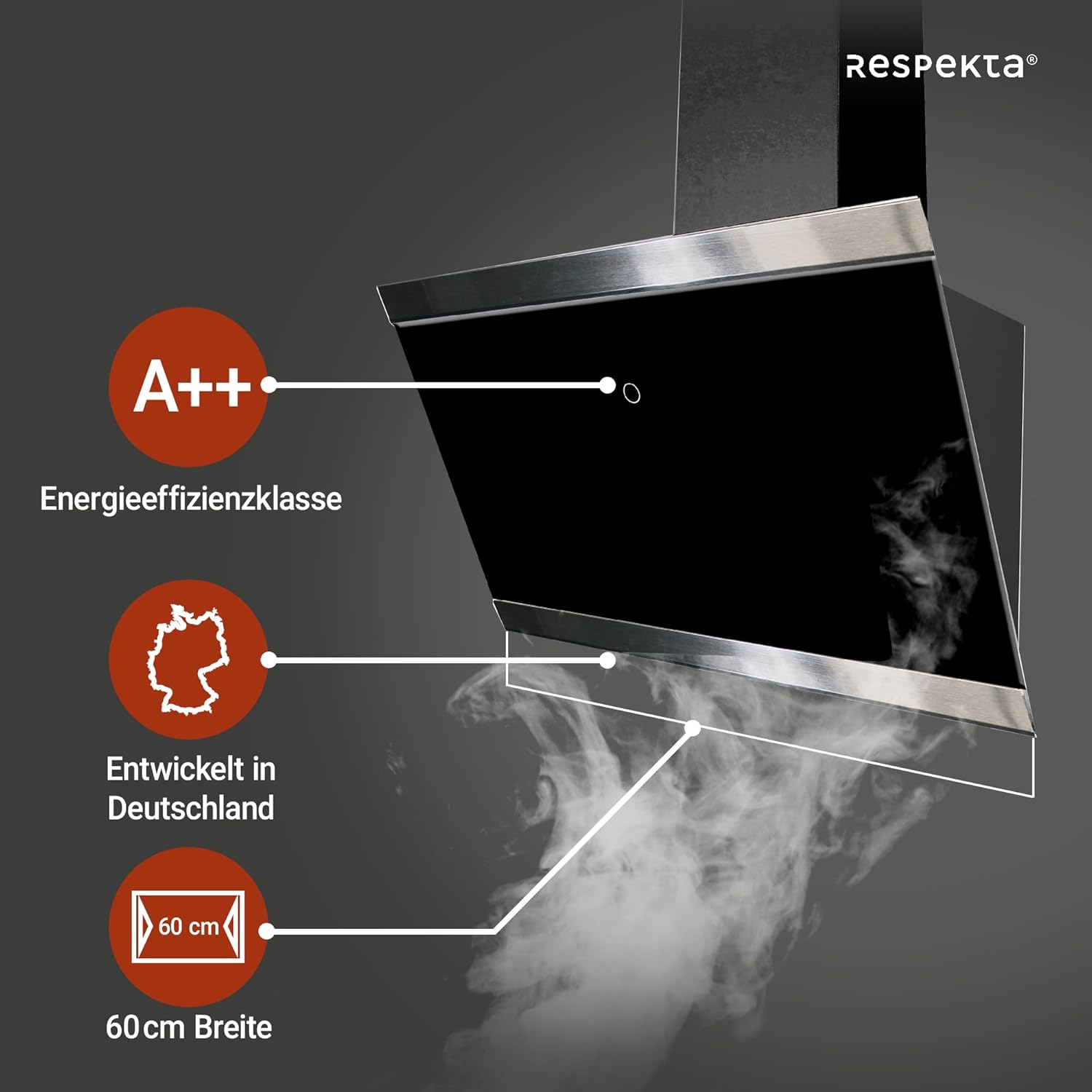 Respekta Dunstabzugshaube kopffrei / Dunstabzugshaube schräg 60 cm / Glasschirm mit Edelstahlrahmen in Schwarz / Abluft - und Umluftfunktion / CH89060S / A++ / 39–59 dB