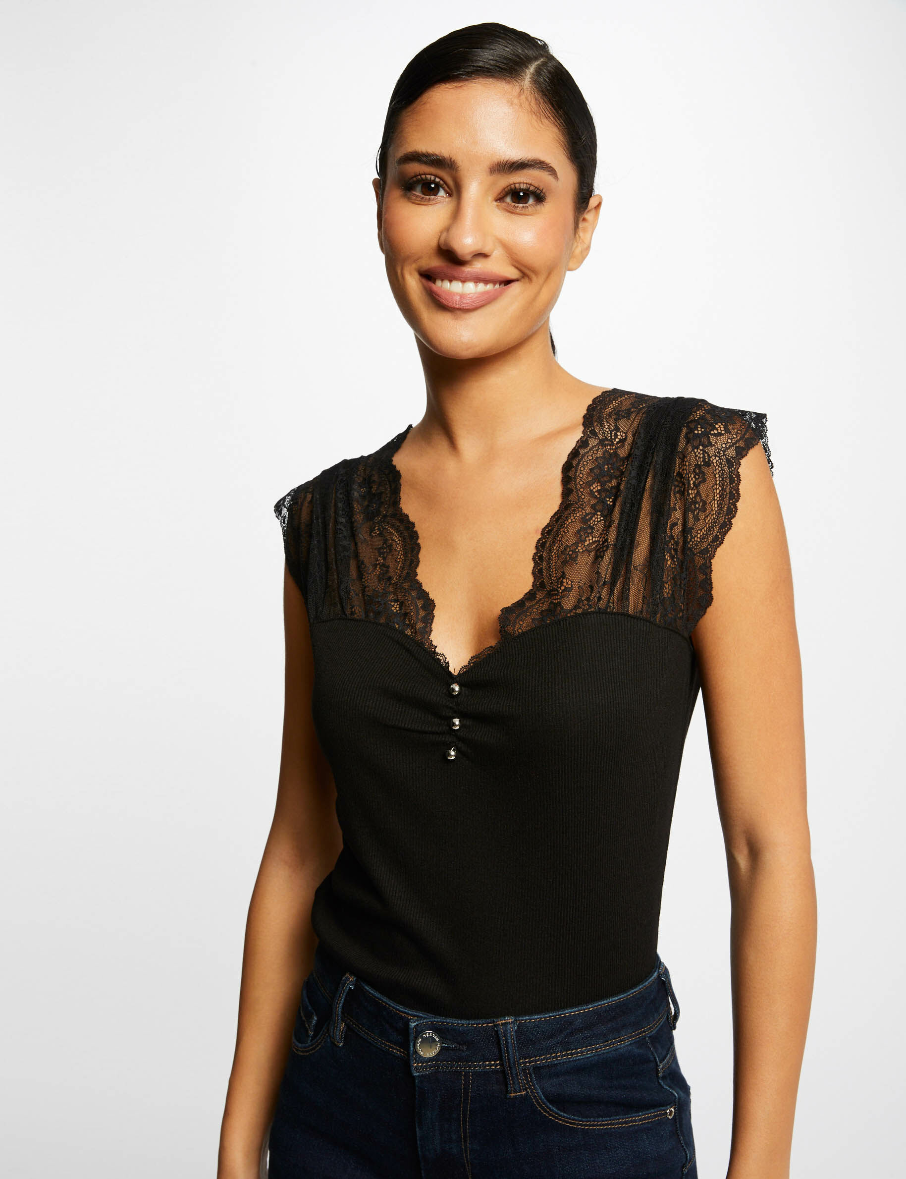 T-shirt manches courtes avec dentelle noir femme - noir