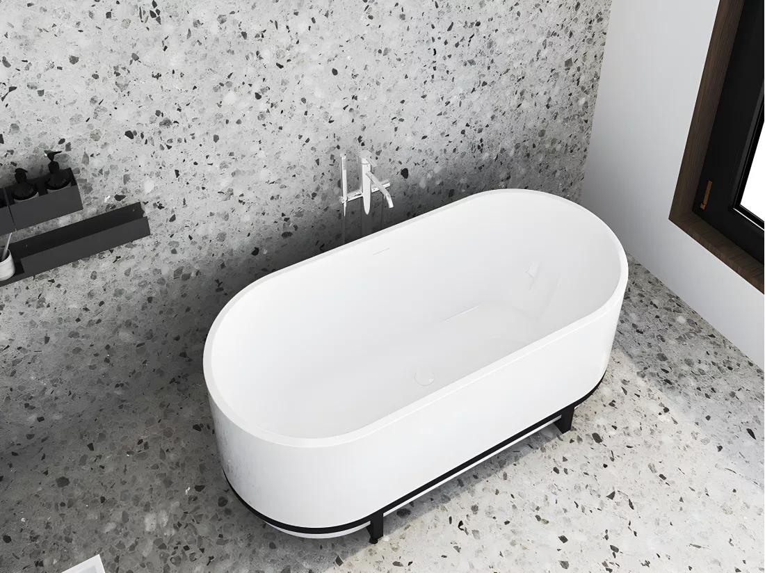 Baignoire îlot ovale avec décor métal - 230 L - 160 x 74 x 60 cm - Blanche - Acrylique - PLECO
