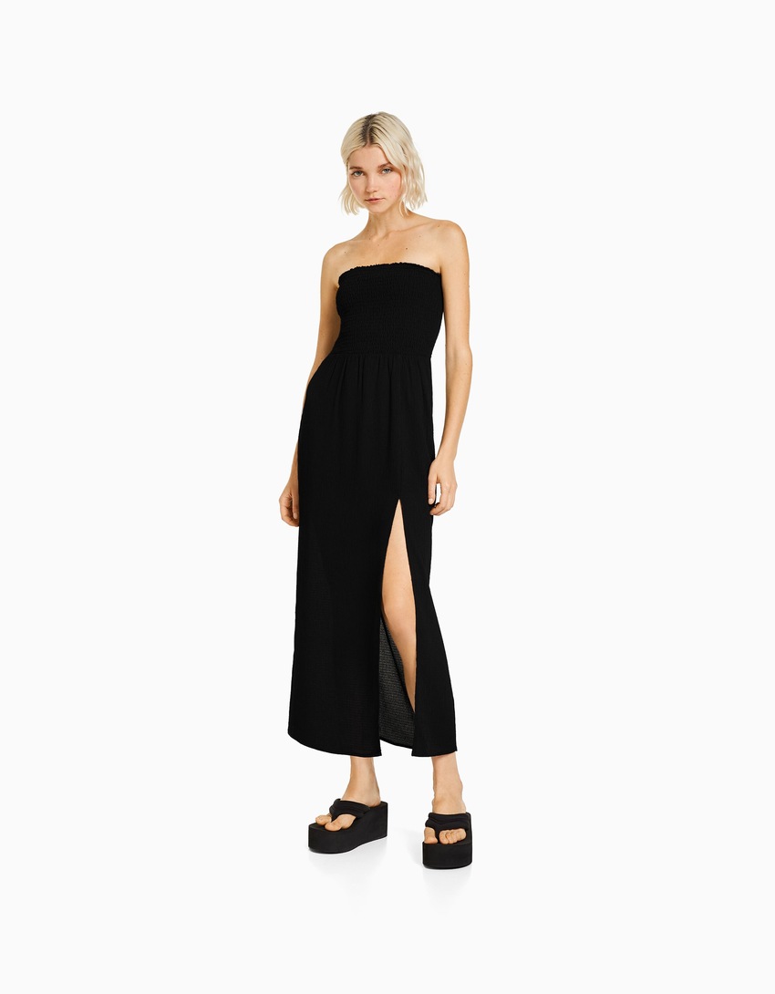 Vestido longo bandeau com franzido