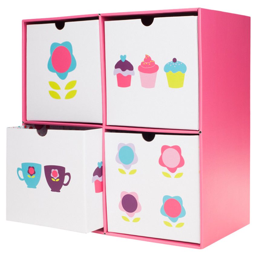 Cube de stockage en carton 4 tiroirs - Rose