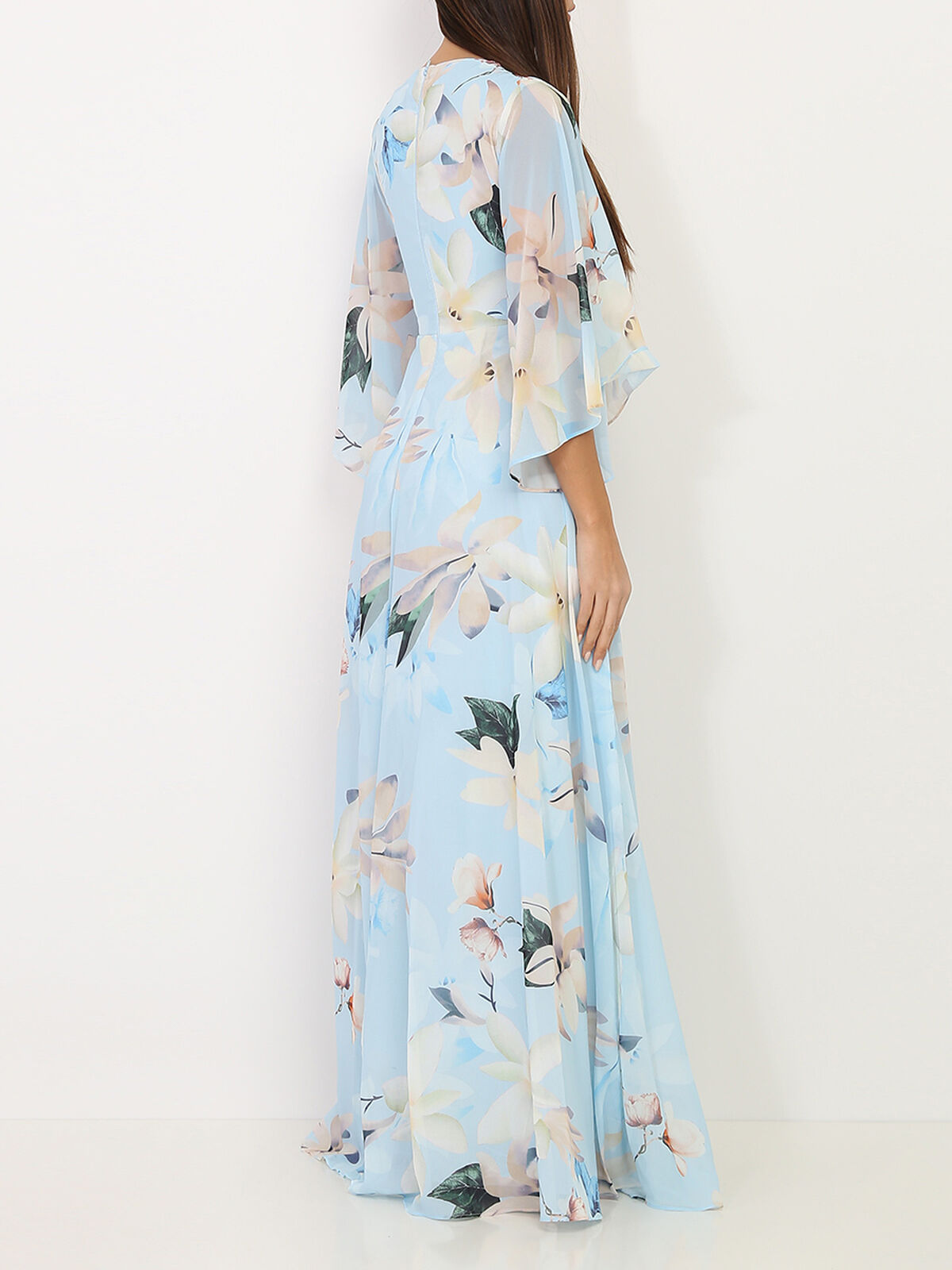 Robe longue plissée à fleurs- Bleu clair