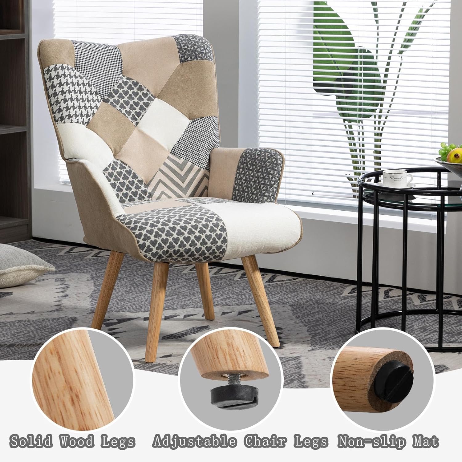 Patchwork Sessel Relaxsessel Leinen Loungesessel mit Massivholzfüße Ohrensessel für Wohnzimmer, Schlafzimmer, Leseecke, Grau
