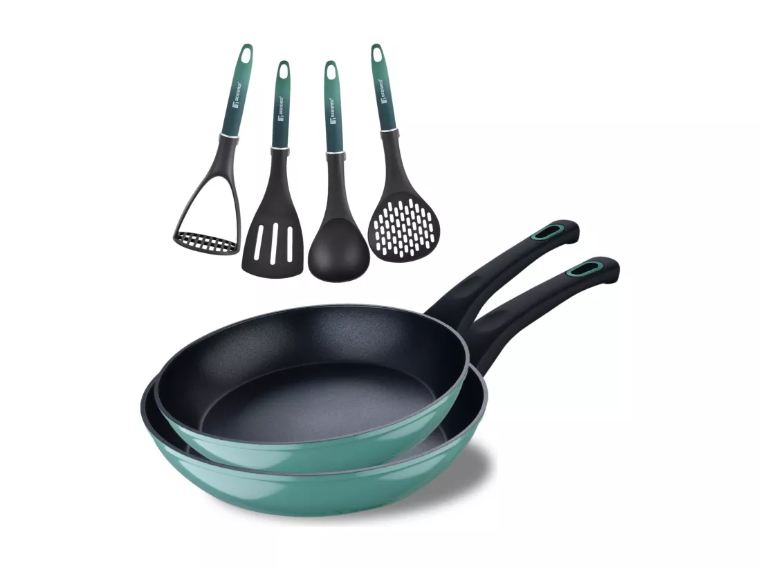 Lot de 2 poêles CLASSIQUE Ø20Ø24cm antiadhésives en aluminium forgé + ustensiles de cuisine Bergner vert
