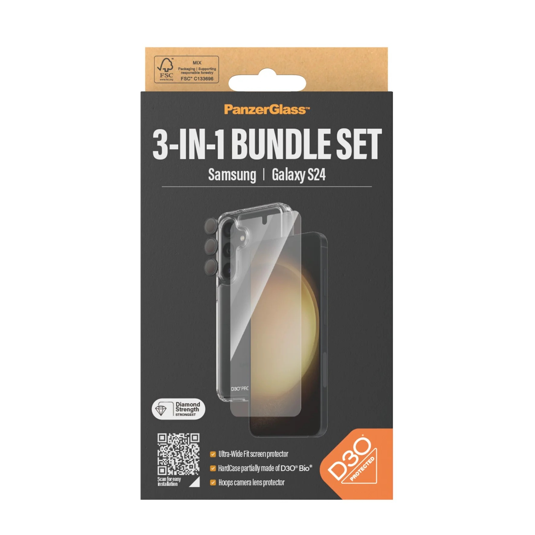 Samsung Galaxy S24 3in1 D30 Hardcase Schutzhülle mit Ultra Wide Fit Display- / Hoops Kameraschutz (B1210 7350) - Transparent