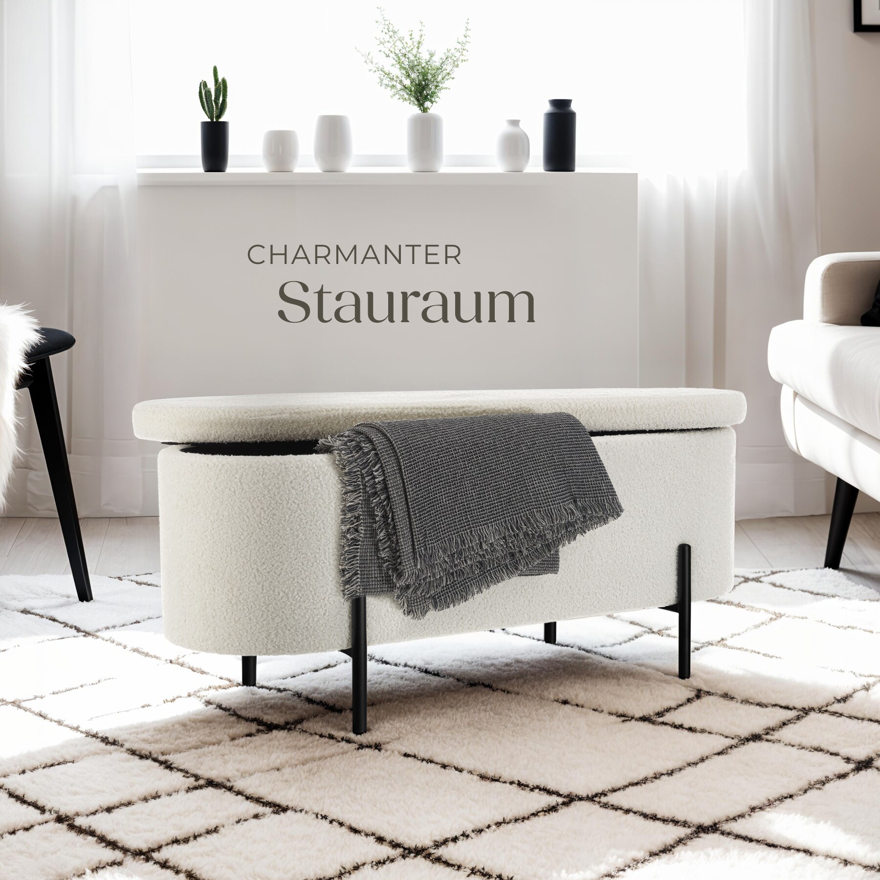 tectake® Sitzbank, mit Bouclé-Stoff, schlanke, bodenschonende Stahlbeine, 97 x 36 x 42 cm