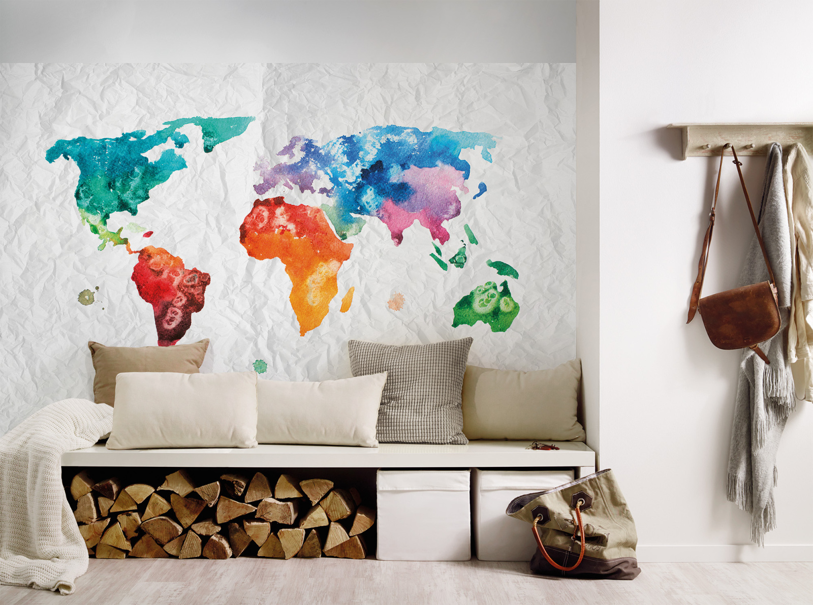Fototapete DESIGNWALLS - bunt-weiß - Weltkarte - 2,55 Meter