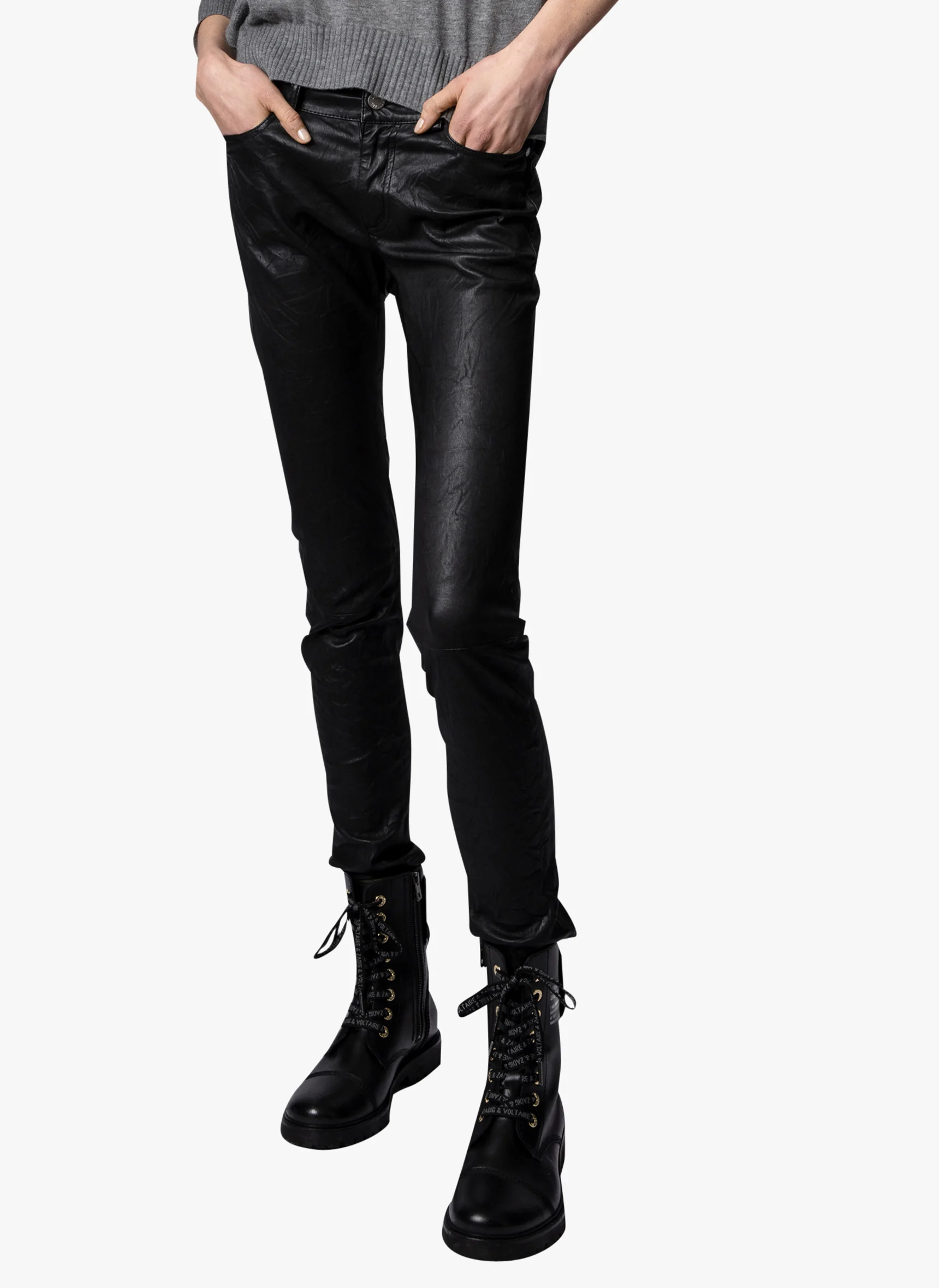 PHLAME - Pantalon droit 5 poches en cuir | Noir