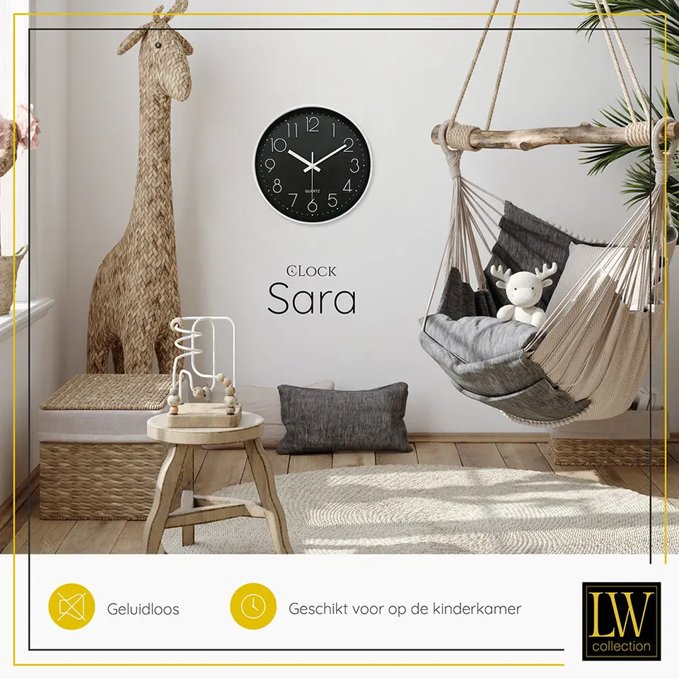 LW Collection Keukenklok Sara zwart wit 30cm