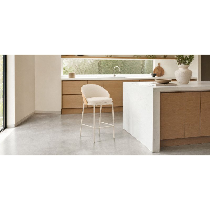 Tabouret Eamy en cuir synthétique beige, placage de frêne avec finition naturelle et métal hauteur 86 cm