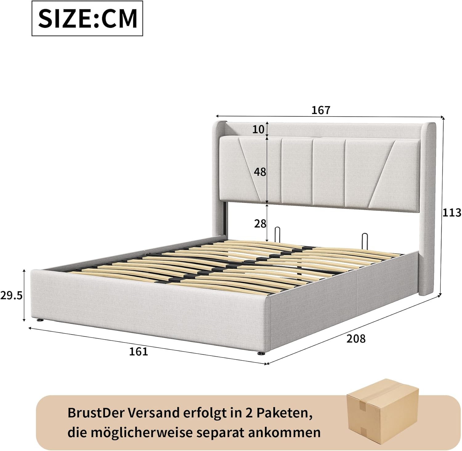 Polsterbett 160x200 mit Stauraum, Hydraulisch Stauraumbett, Doppelbett mit USB und kopfteil, Bettgestell mit Lattenrost, Bettrahmen für Erwachsene, Leinen (Beige, 160 x 200 cm)