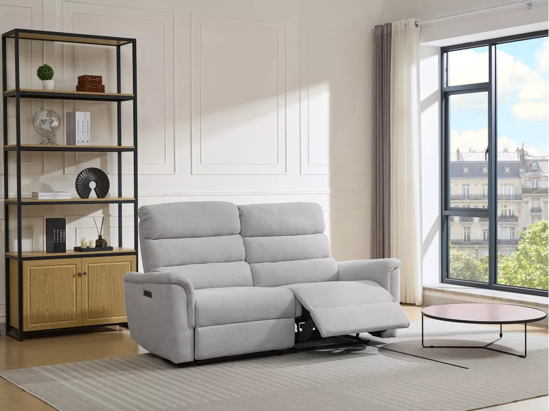 Canapé 3 places relax électrique en tissu gris clair CARTASIA