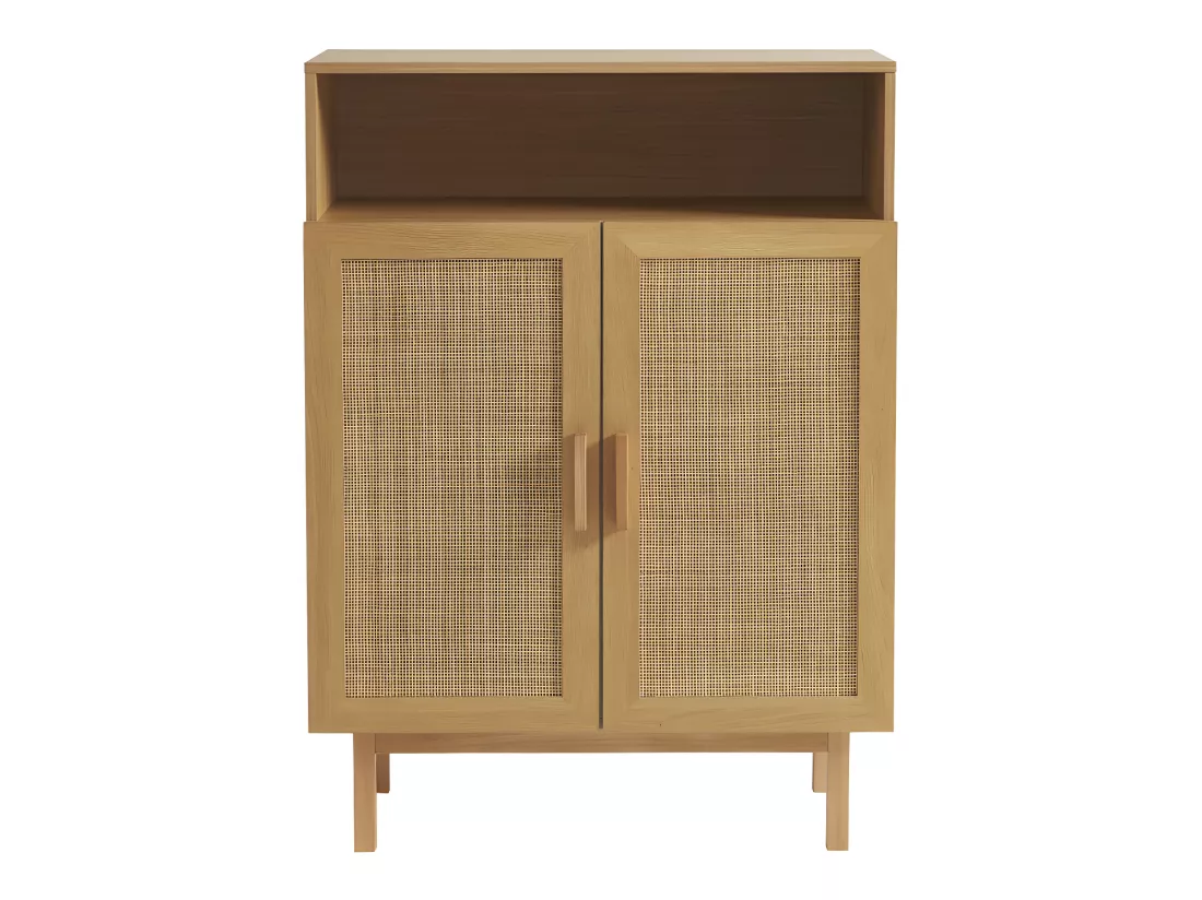 June - Meuble à chaussures 2 portes 1 niche en bois et cannage L80cm - Bois clair