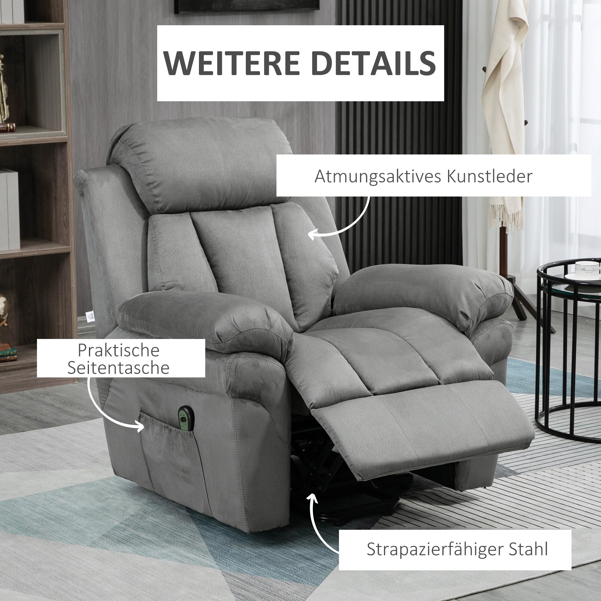 HOMCOM Relaxsessel mit fernbedienungsgesteuerter Aufstehhilfefunktion grau 93L x 96B x 105H cm