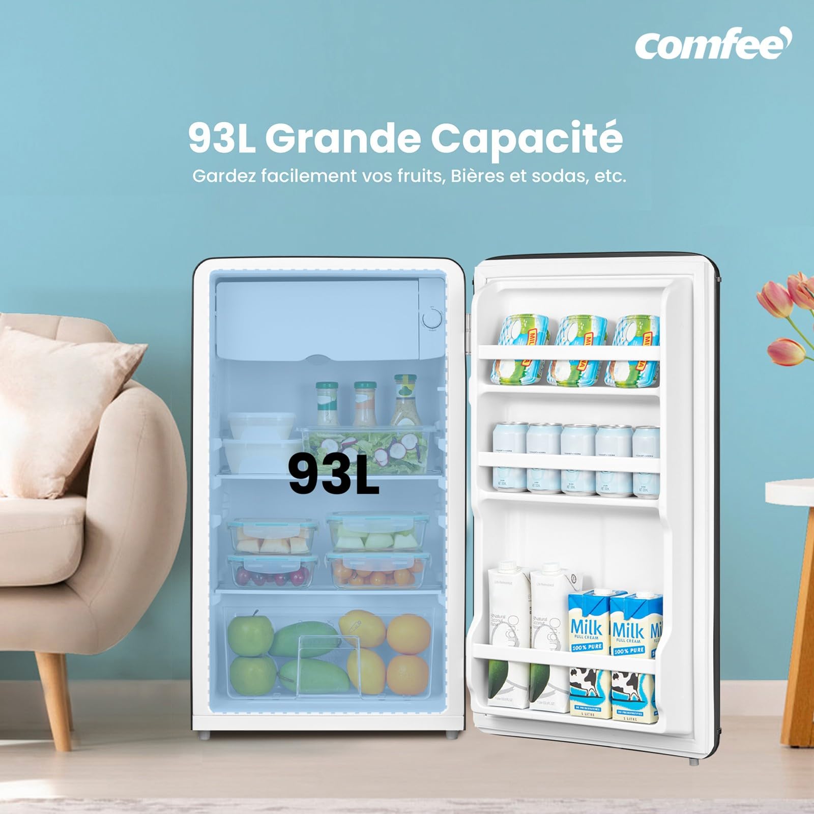 Comfee' RCD93BL2EURT(E) Réfrigérateur Sous-Plan, 93L, Réfrigérateur Rétro Pose Libre avec Compartiment Réfrigérant, Thermostats Réglables, Lumière LED