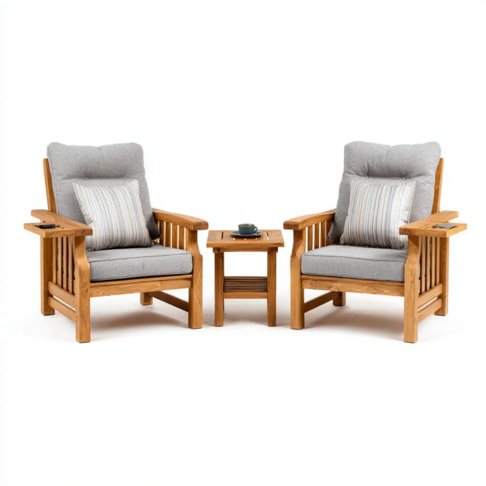 Garten-Loungeset Holz 2 Sessel 80x80x90 cm mit Kissen – Hellgrau – Kom