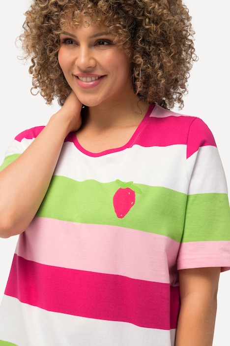 T-Shirt, Ringel, Stickerei, Rundhals, Halbarm