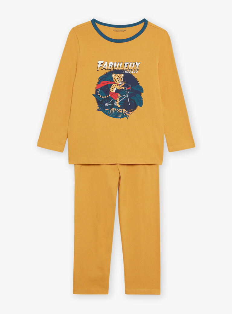 Pyjama deux pièces jaune moutarde en coton avec cape tête de léopard