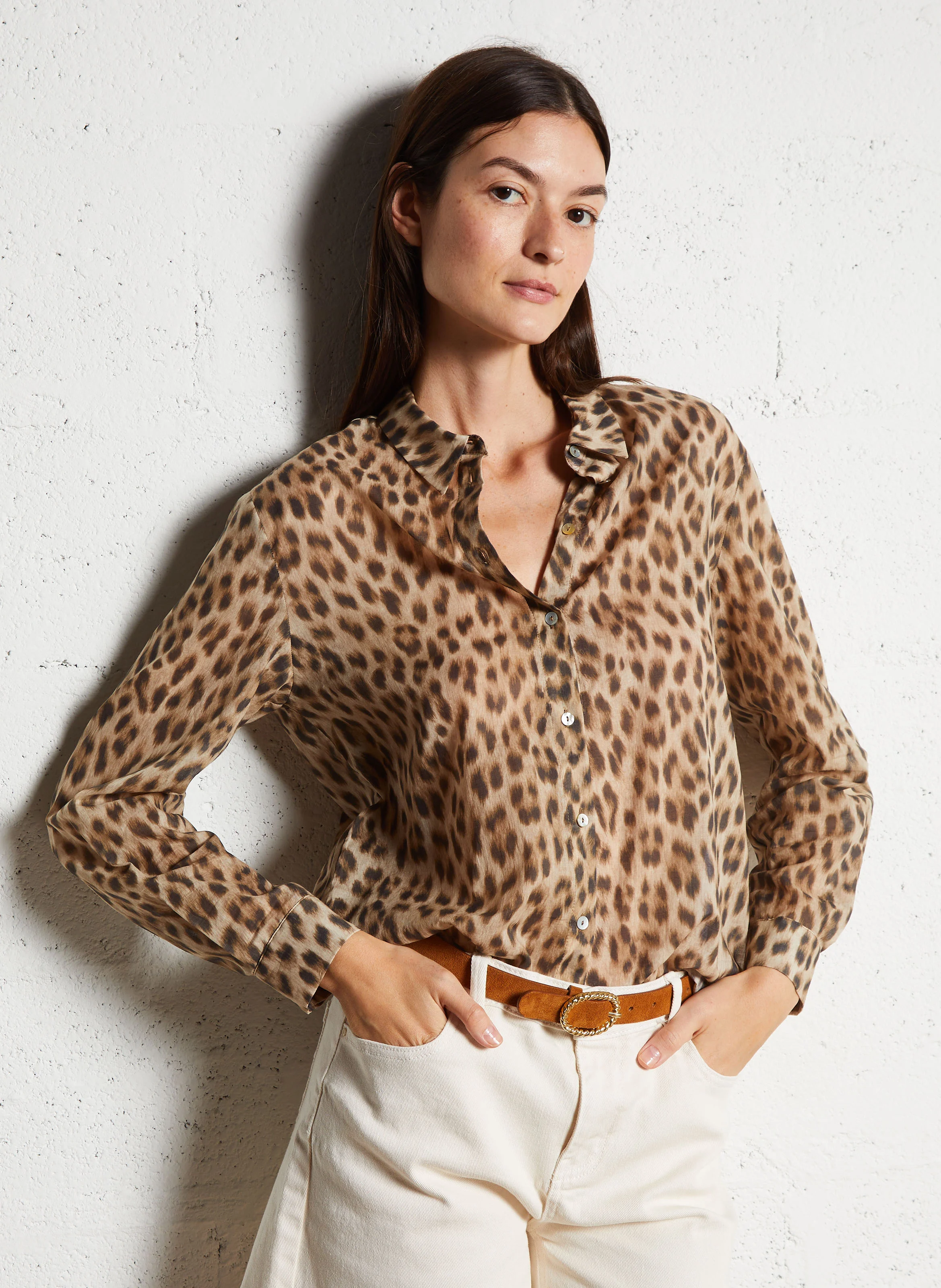 COLETTE - Chemise col classique imprimée léopard en coton | Beige