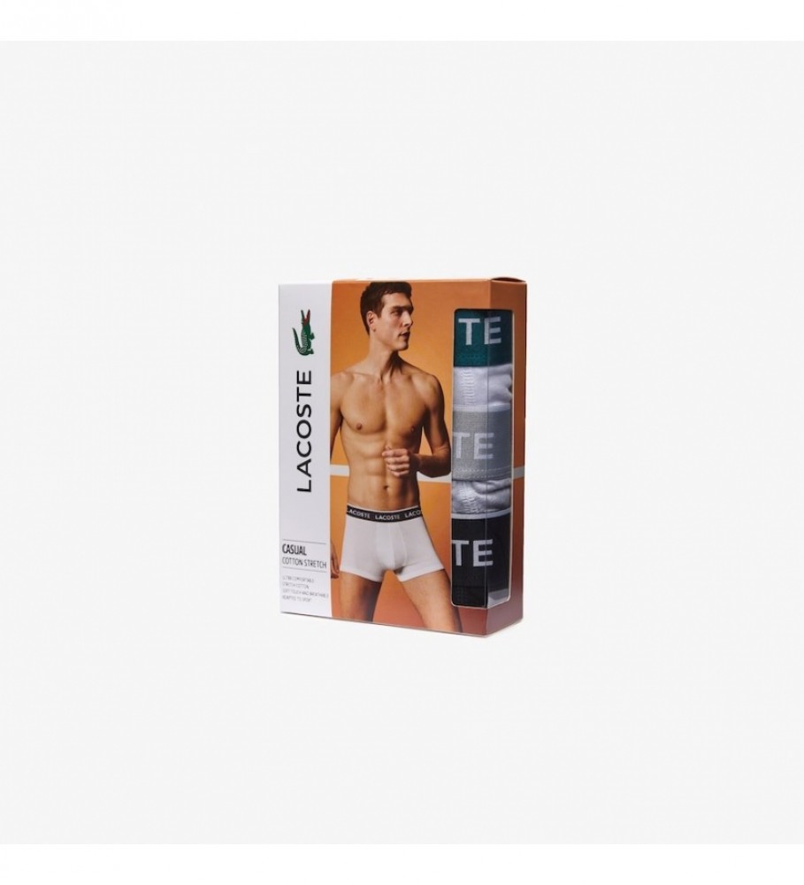Conjunto de 3 cuecas boxer Lacoste 5H3389 nas cores preto, cinza e branco.
