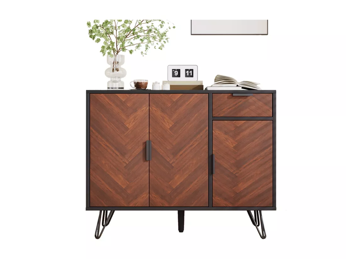 Meuble de Rangement Moderne, Buffet Noir avec Effet Bois, 1 Tiroir et Étagères Réglables en Hauteur (90 x 30 x 71,5 cm)