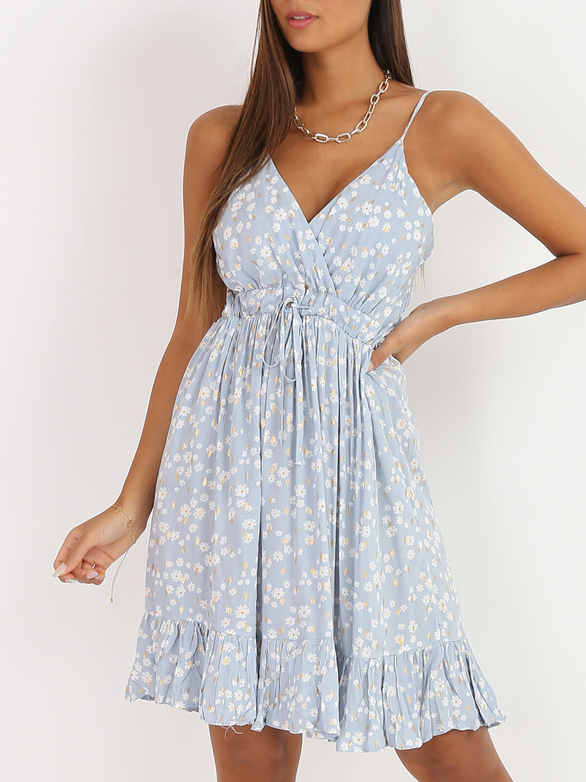 Robe fleurie col cache coeur à volants- Bleu clair