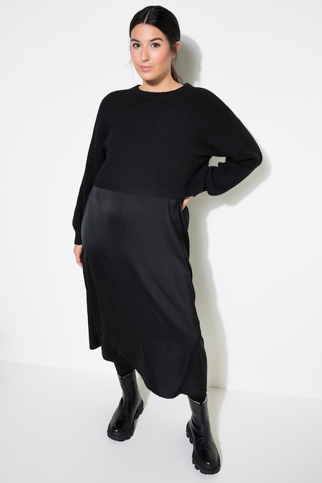 Maxikleid, Boxy Shape, Layering-Look, Strick und Satin