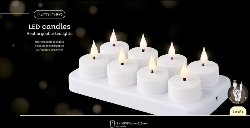 Lumineo Oplaadbare waxinelichtjes D4 | Wit | Bewegende vlam | 8 stuks