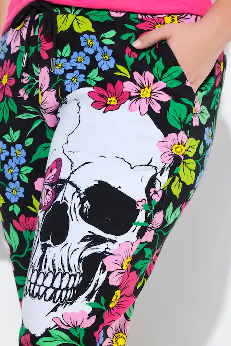 Joggpants, gerades Bein, Blumen/Totenköpfe, schwarz