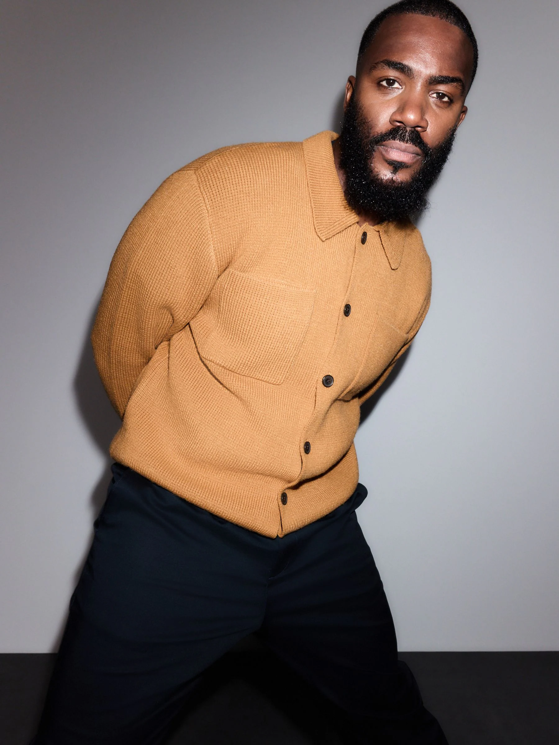 Okergeel - Regular Fit Twin Pocket Collared Cardigan with Wool
