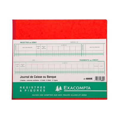 Exacompta - Journal de caisse ou banque - 19 colonnes : 13 débits/6 crédits - 27 x 32 cm horizontal