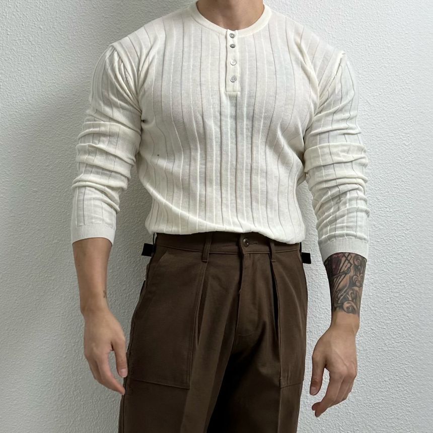 Okwano - Henley-top met lange mouwen en ronde hals, effen gebreid