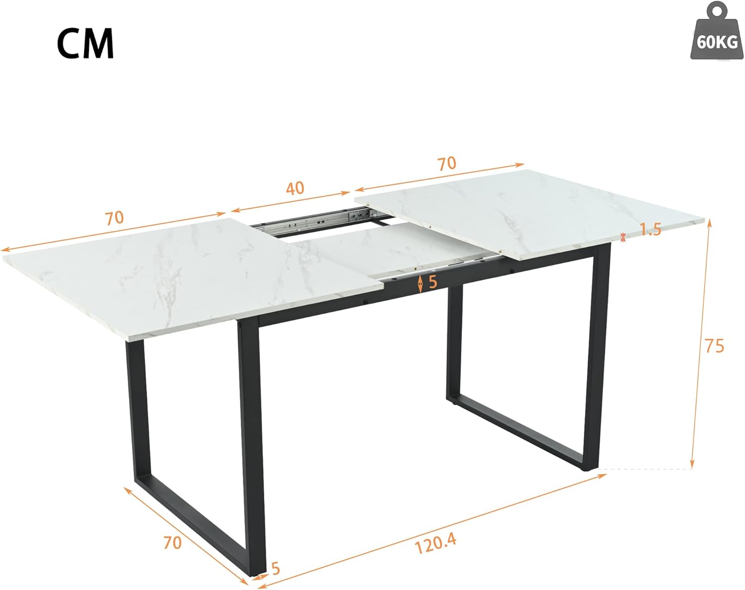 Esstisch ausziehbar 140-180x70x75 cm, rechteckiger Küchentisch, Esszimmertisch mit Tischplatte in Marmoroptik und Metallbeinen, Ausziehbarer tisch für 4-8 Personen, für Wohn- und Esszimmer, weiß.