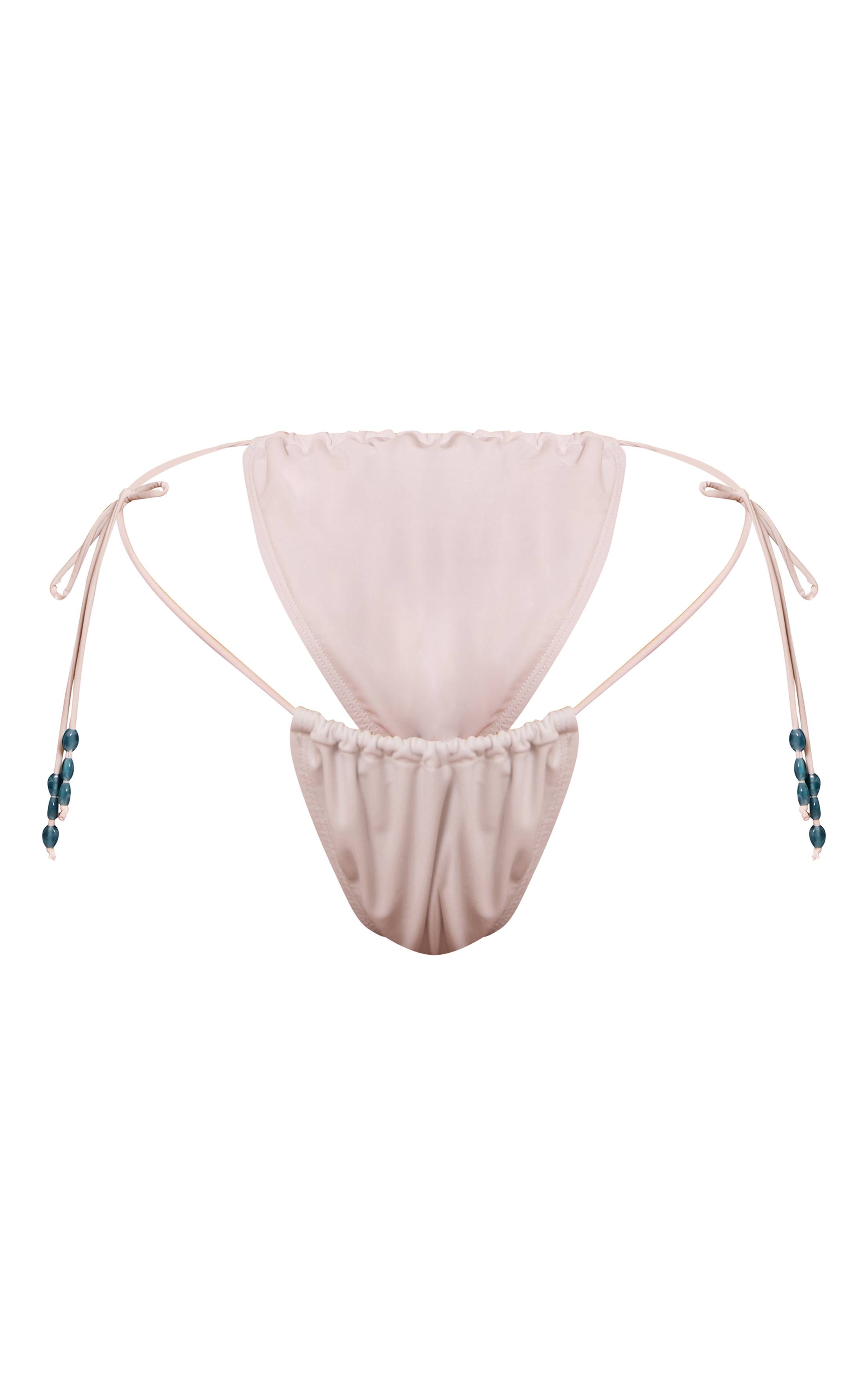 Blanc Bas De Bikini À Liens Latéraux Froncé Avec Perles Décoratives